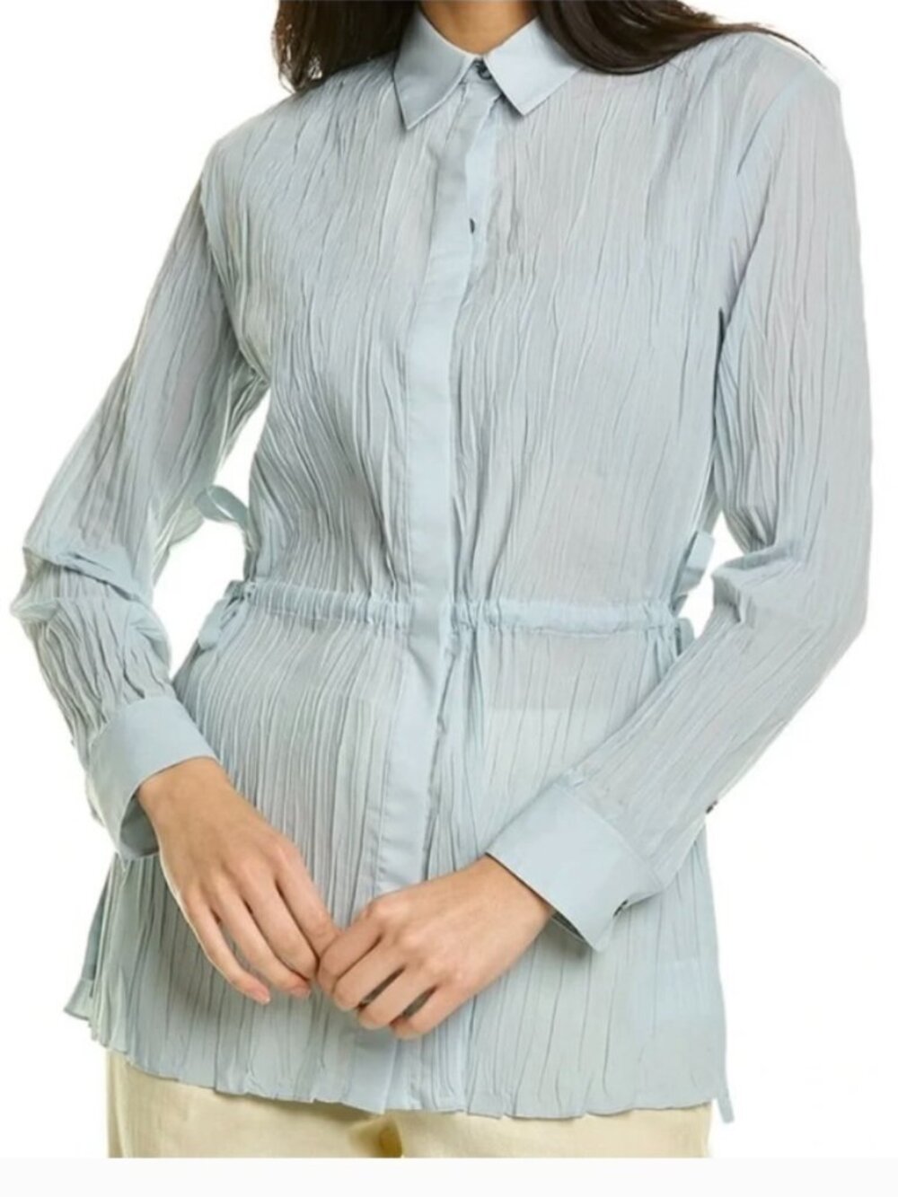 Theory Crinkle Pleated Plissé Poplin Tunic Shirt with Side Ties Size S Blue